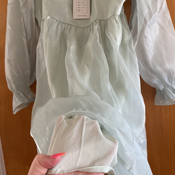 Womens Puff Sleeve Square Neck Puffy Dress Babydoll Mesh Mini Dress - Picture 5 of 5